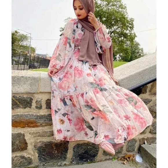 Chiffon Wide Cut Floral Dress Balloon Slee… - Picture 2 of 14